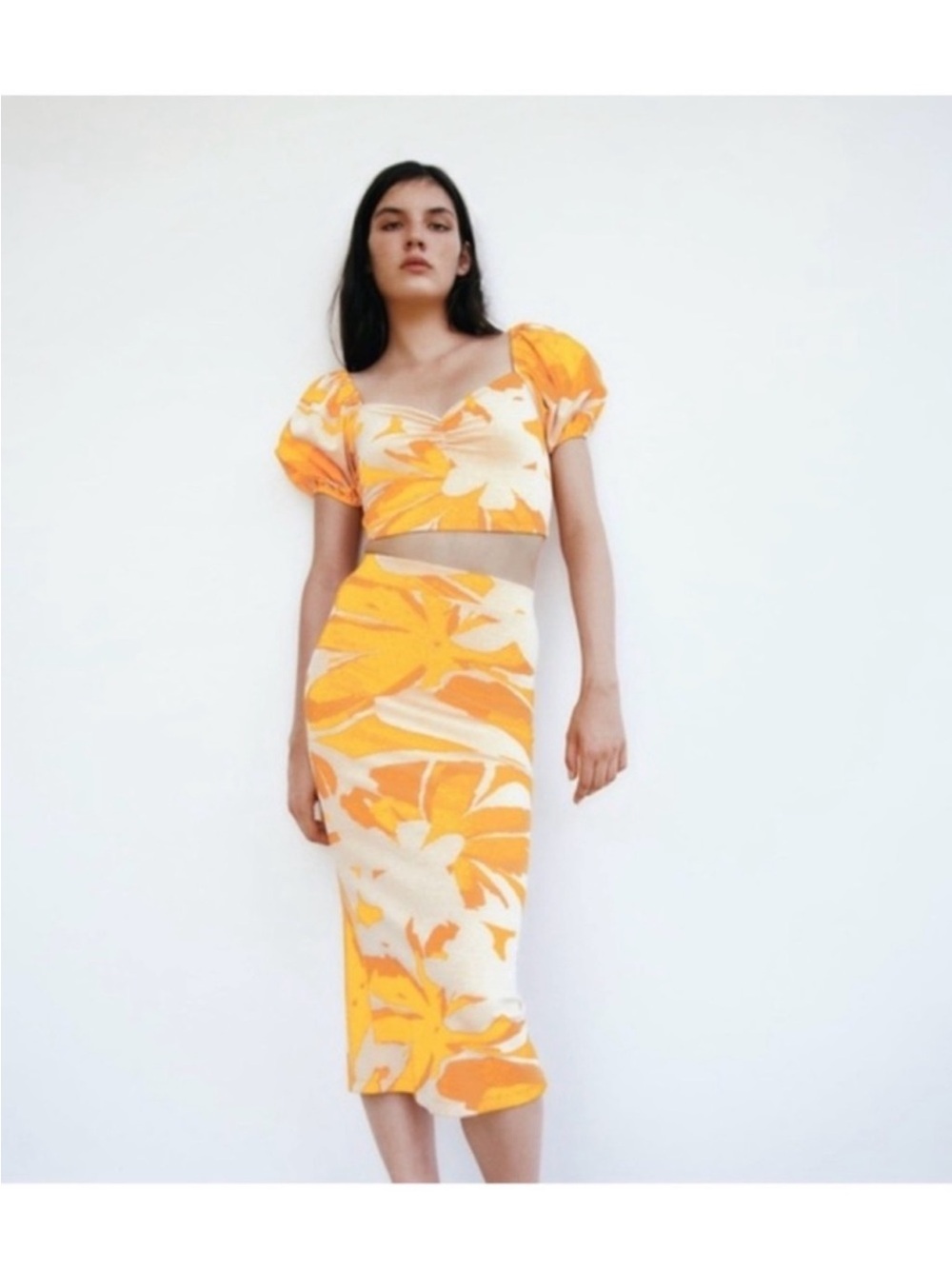 Zara Cream and Orange Floral Midi Pencil Skirt and top set